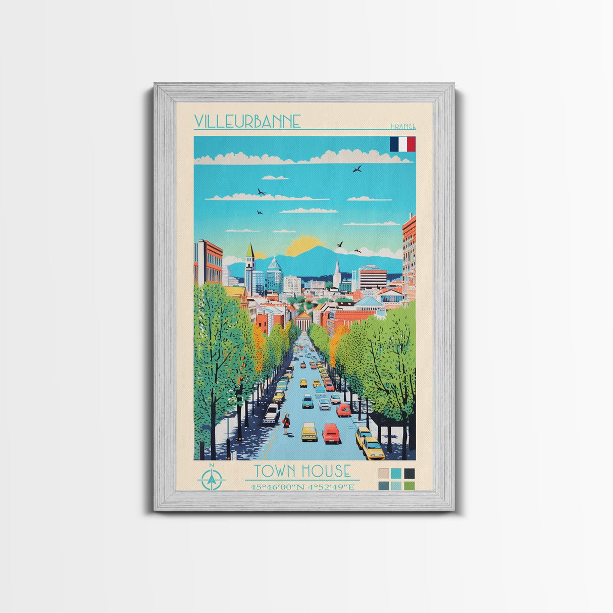 Villeurbanne France Travel Poster Framed Canvas Print, Midcentury Modern Art, Pop Art Wall Decor, Living Room Art, Vacation Gift