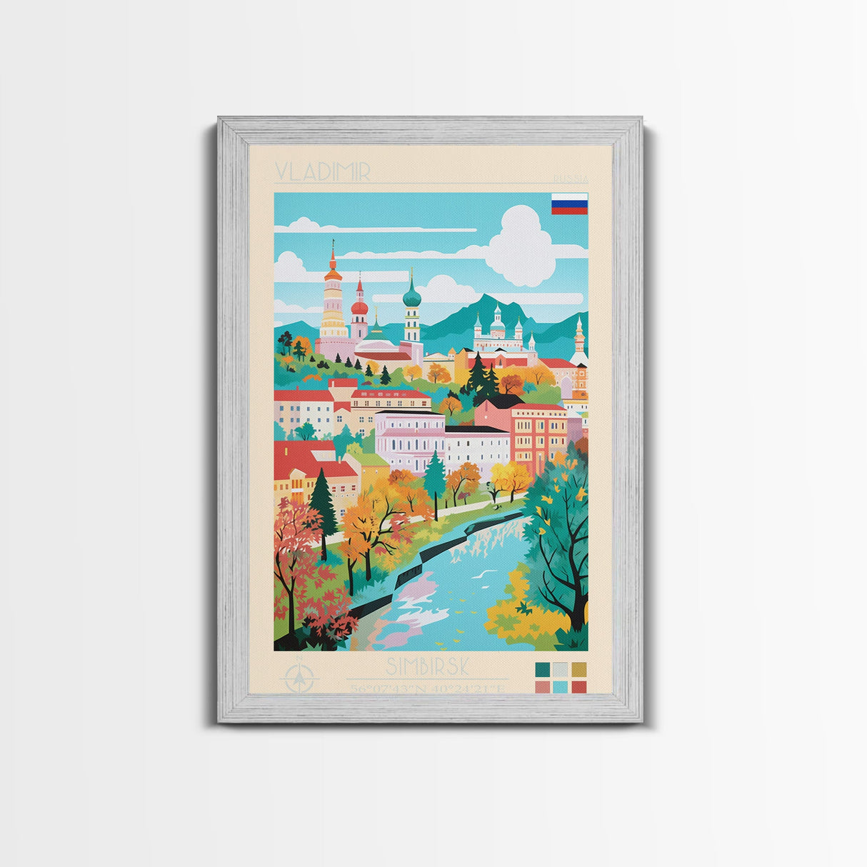 Vladimir Russia Travel Poster Framed Canvas Print, Midcentury Modern Art, Pop Art Wall Decor, Living Room Art, Scenic Wall Art