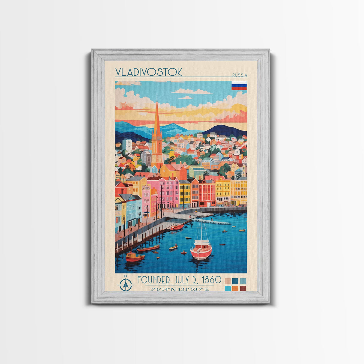 Vladivostok Russia Travel Poster Framed Canvas Print, Midcentury Modern Art, Pop Art Wall Decor, Living Room Art, Vacation Gift