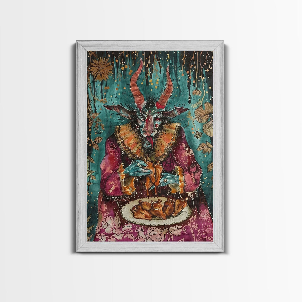 A demon eating some hot wings - hope he didn't sell his soul for them they look pretty good! Halloween Wall Art Framed Canvas