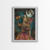 Werewolf Devouring a Pizza in a Colorful Halloween Setting, Bringing a Mix of Horror and Humor to Your Spooky Wall Art Collection