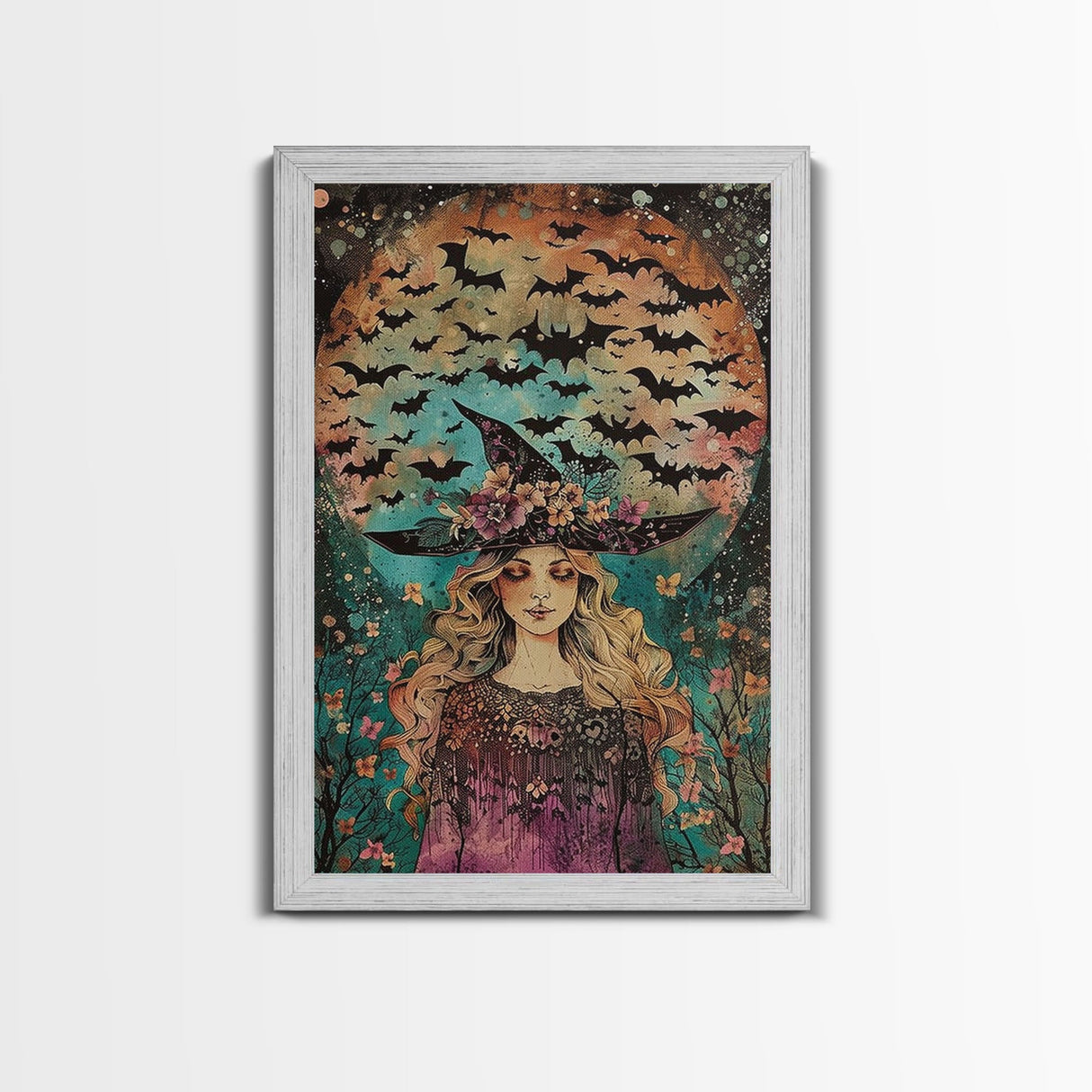 Witch with Bats and Full Moon, Framed Canvas Print, Spooky Witch Art, Halloween Night, Witch Illustration, Enchanted Decor