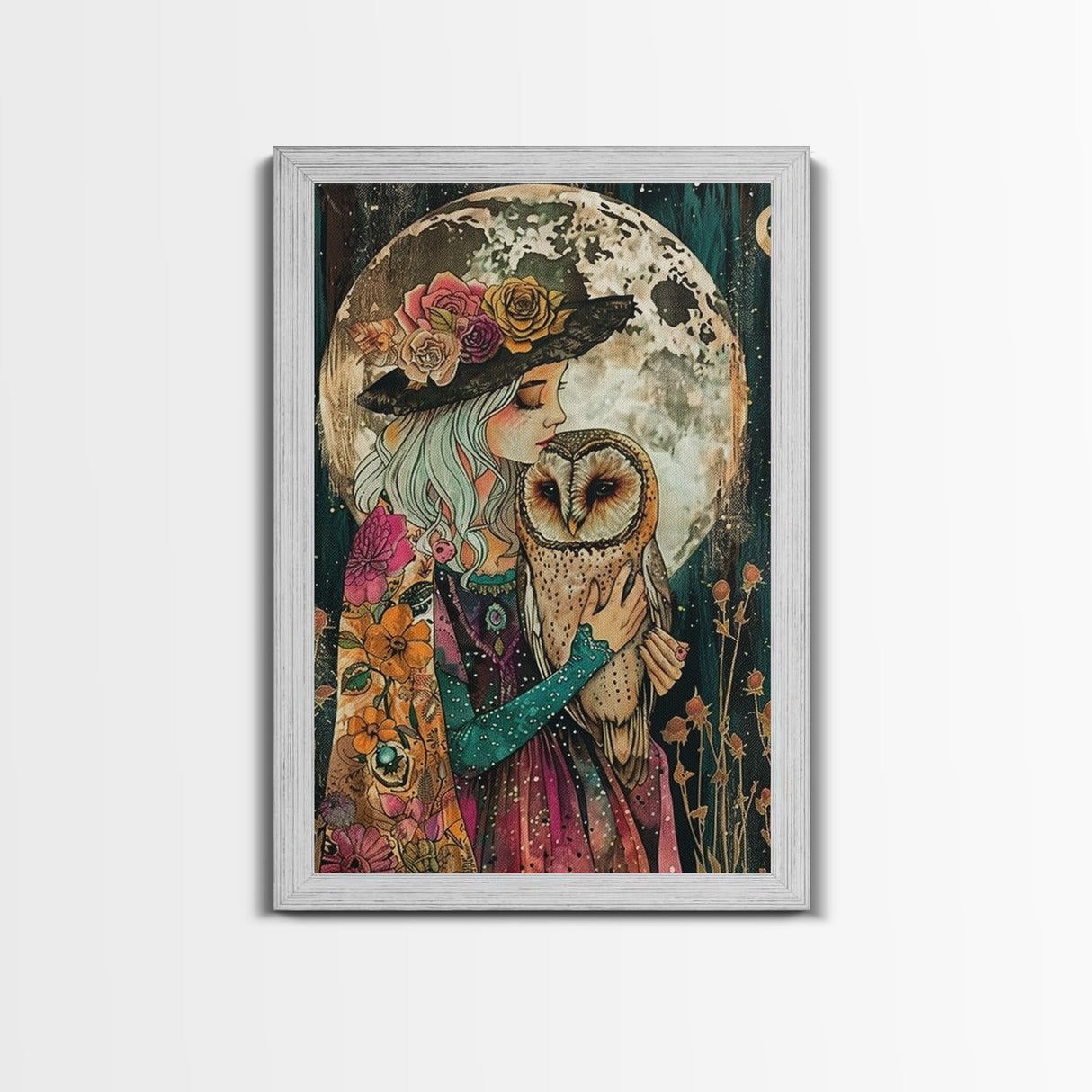 Witch Holding Owl Under Full Moon Glow - Enchanting Halloween Night Framed Canvas Print, Spooky Gothic Home Decor