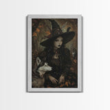 Witch with Wolves in Enchanted Forest - Dark Sorcery Mystical Art Framed Canvas Print, Halloween Gothic Decor