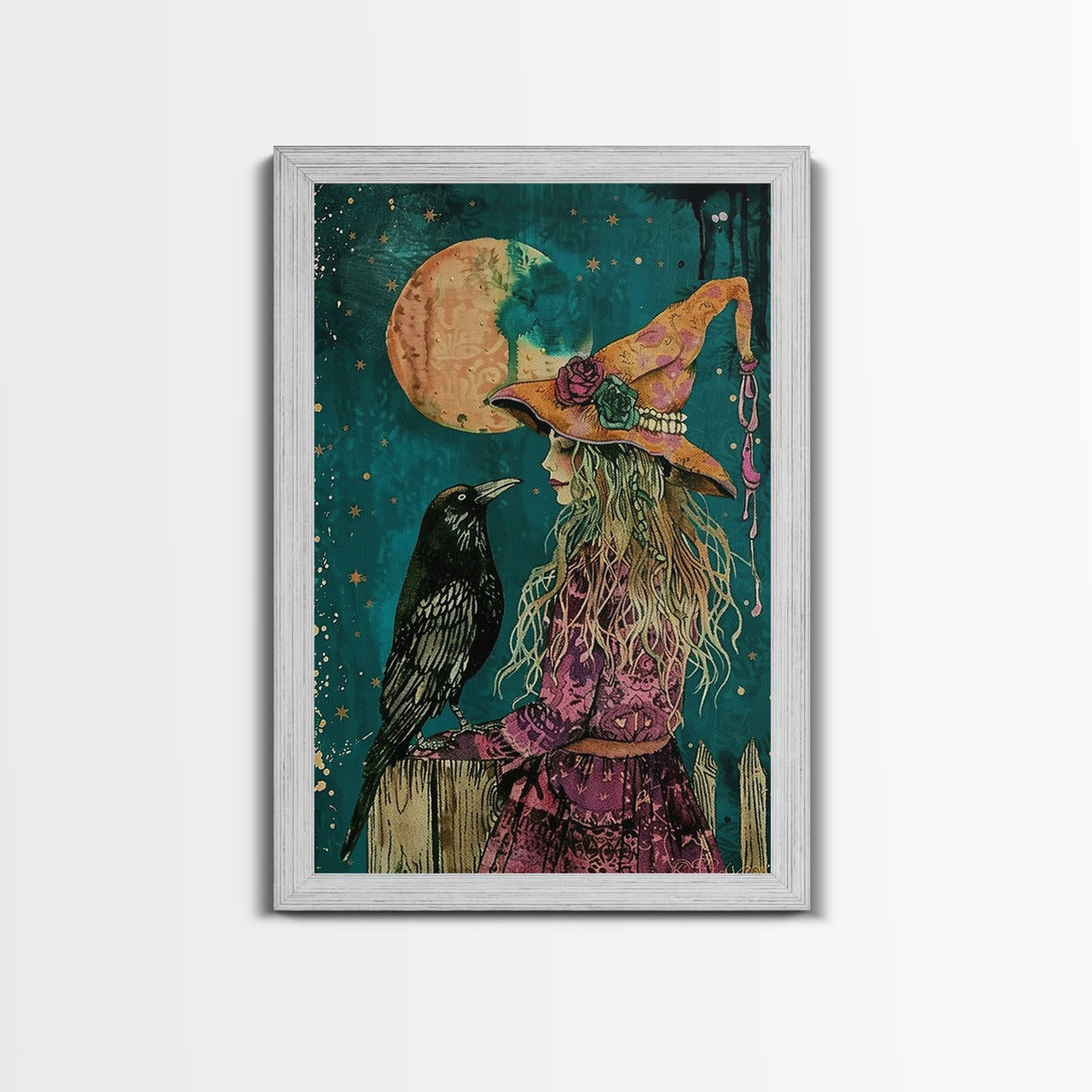 Witch and Crow Under Full Moon - Halloween Art, Gothic Art, Spooky Decor, Dark Night Art, Haunted Moonlit Night, Framed Canvas Print