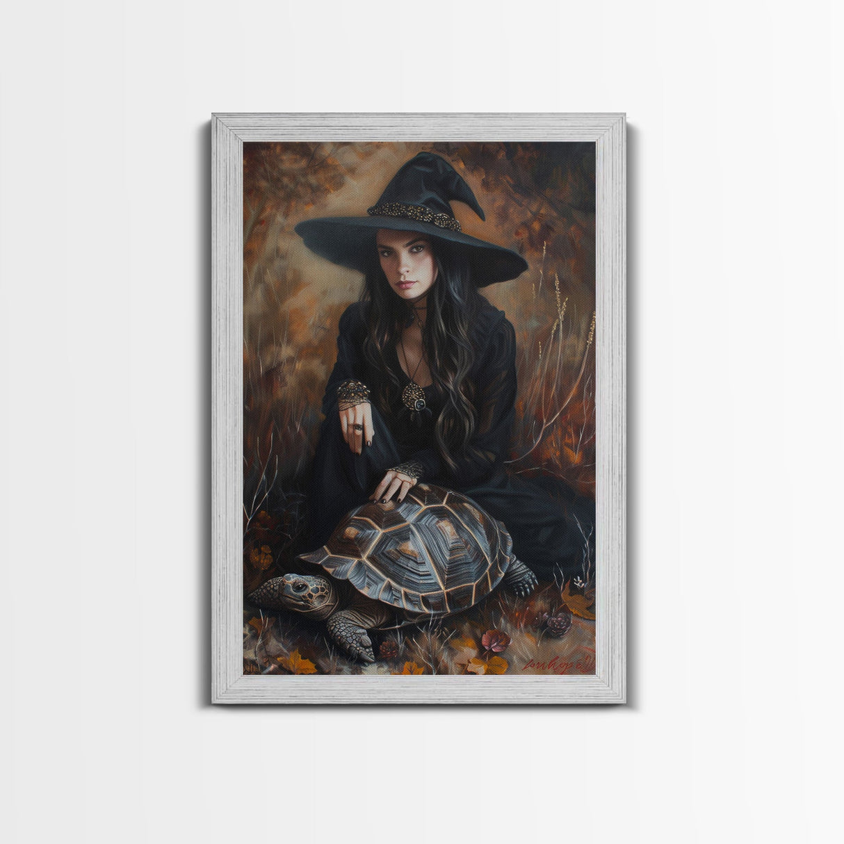 Witch with Mystical Elements - Halloween Art, Gothic Art, Spooky Decor, Dark Magic Art, Bewitching Portrait, Framed Canvas Print