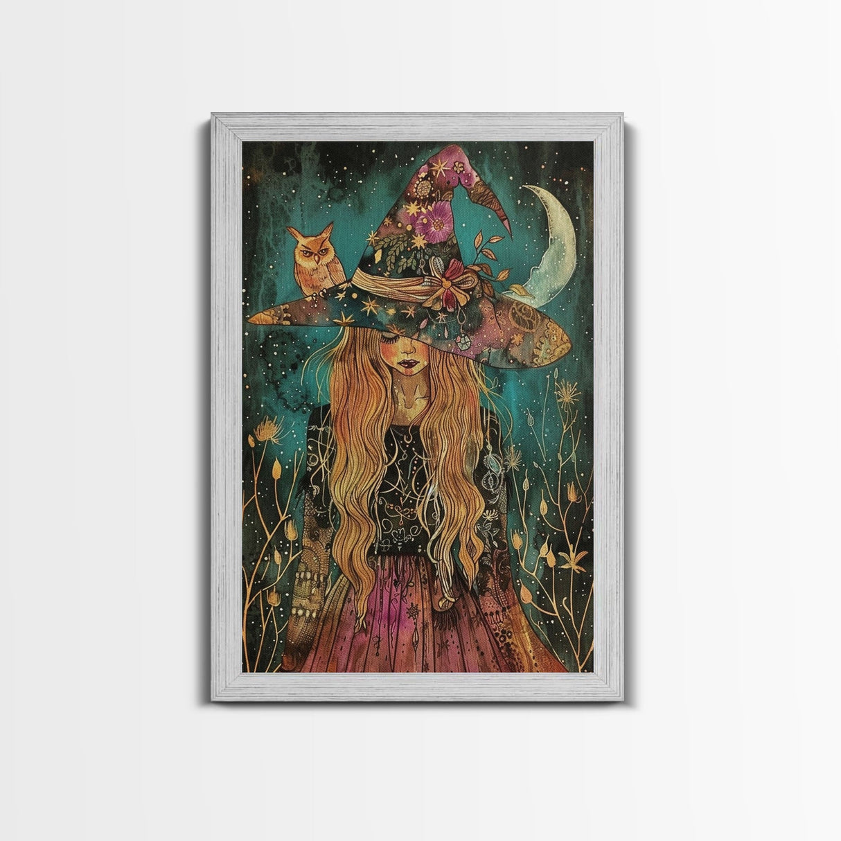 Witch with Black Cat and Moon - Halloween Art, Gothic Art, Spooky Decor, Dark Magic Art, Ominous Portrait, Moonlit Night Framed Canvas Print