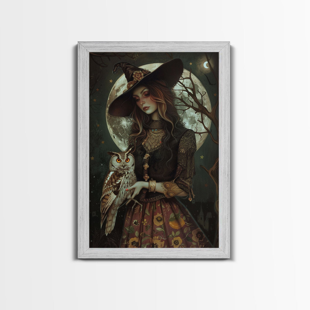 Witch Holding Owl Canvas Print - Halloween Art, Spooky Home Decor, Wall Art, Witch Painting, Halloween Decor, Framed Canvas Print