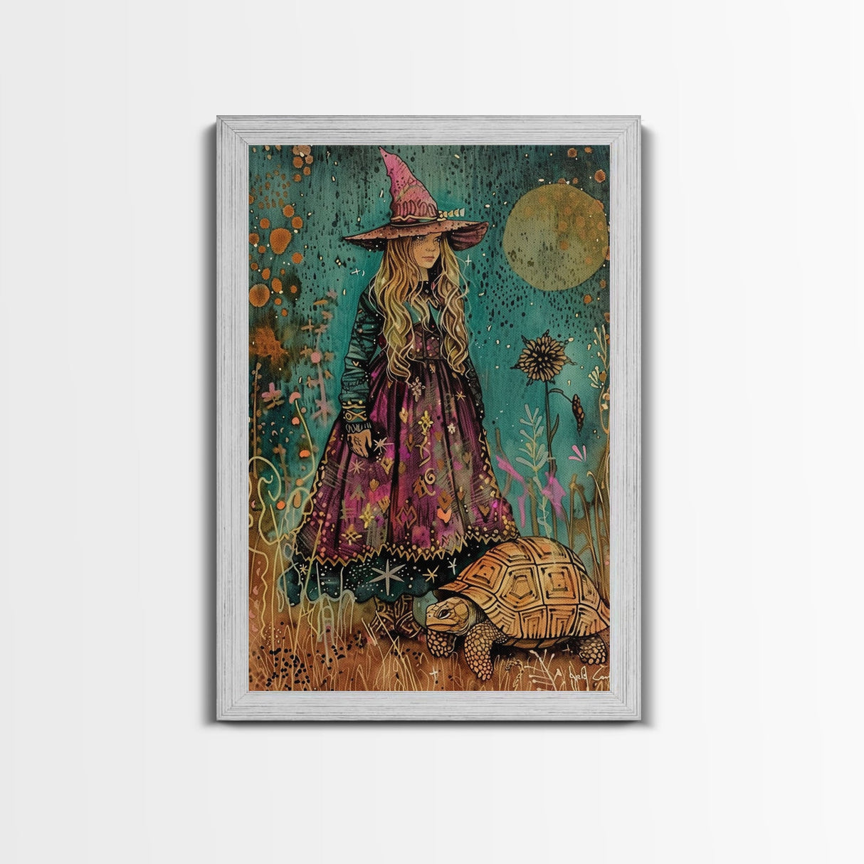 Witch With Tortoise Canvas Print - Halloween Art, Spooky Home Decor, Witch Wall Art, Witch Painting, Halloween Decor, Framed Canvas Print