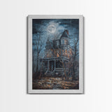 Abandoned House Under Moon Full Halloween Art, Spooky Mansion, Haunted Home, Creepy Decor, Gothic Artwork, Framed Canvas Print