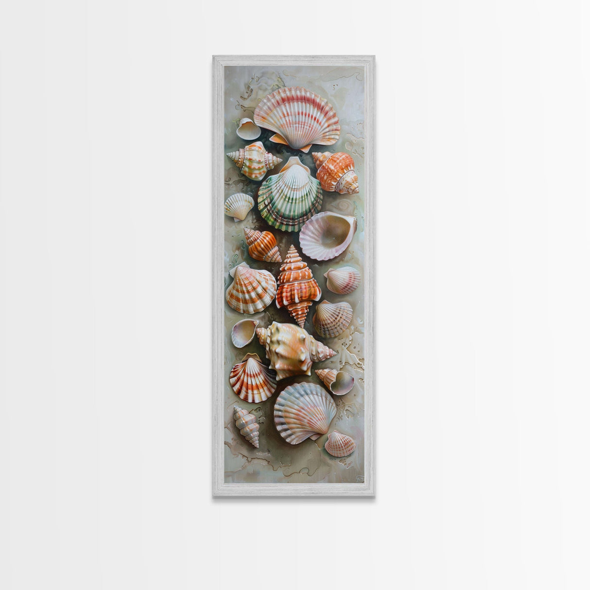 Printed Canvas Painting of Colorful Seashells on Beach, Vertical Coastal Art Print, Oversized Wall Art for Living Room, Housewarming Gift