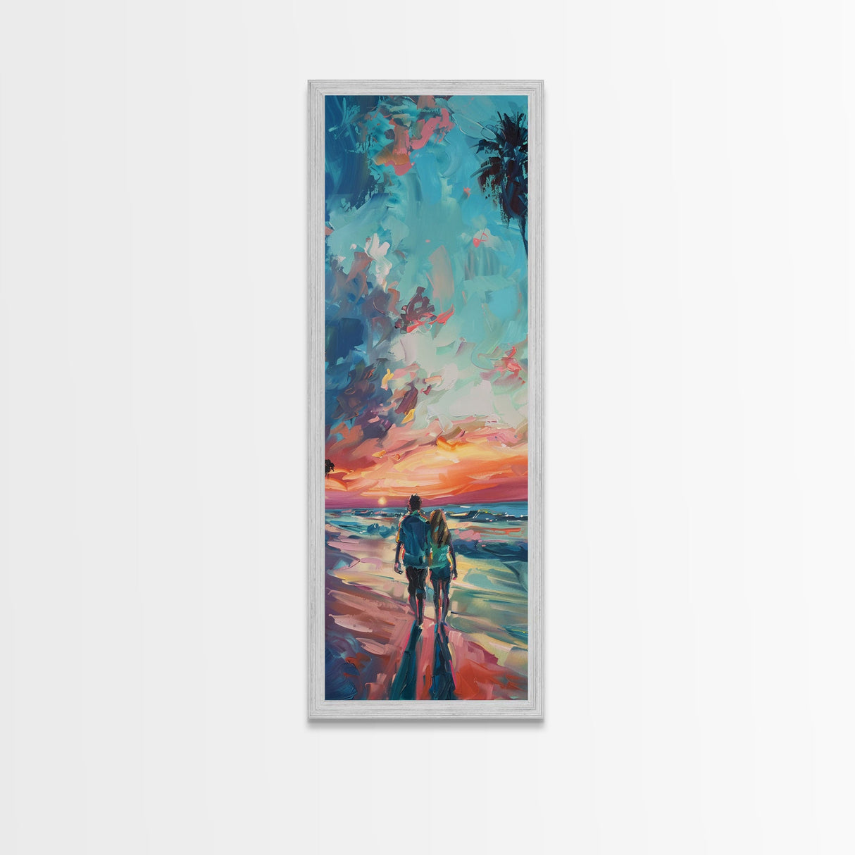 Framed Canvas Oil Painting of Sunset on Beach, Coastal Wall Art Print, Colorful Beach Art, Impasto Painting, Long and Narrow Landscape Art