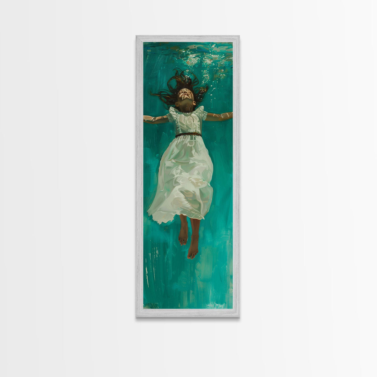 Abstract Modern Canvas Art of Woman Underwater, Ocean Wall Art, Coastal Wall Art Print, Oversized Tall and Narrow Canvas Art