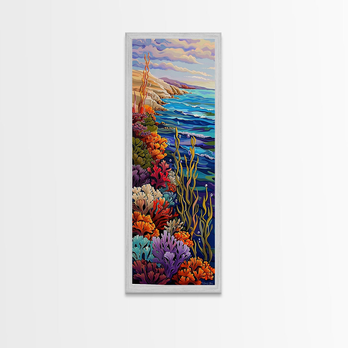 Long Narrow Botanical Coastal Art Print, Textured Canvas Beach Wall Art Framed, Colorful Beach House Decor, Abstract Wall Art Print