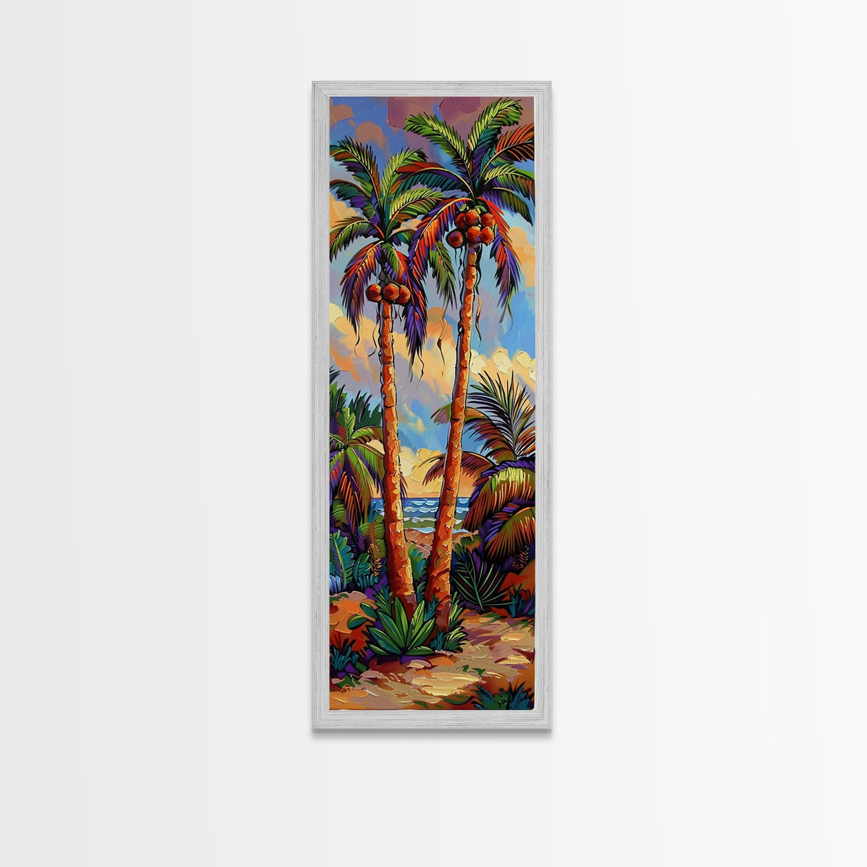 Abstract Canvas Painting of Beach Landscape, Palm Tree Art Print, Tall and Narrow Canvas Art of Ocean, Beachy Wall Art for Living Room