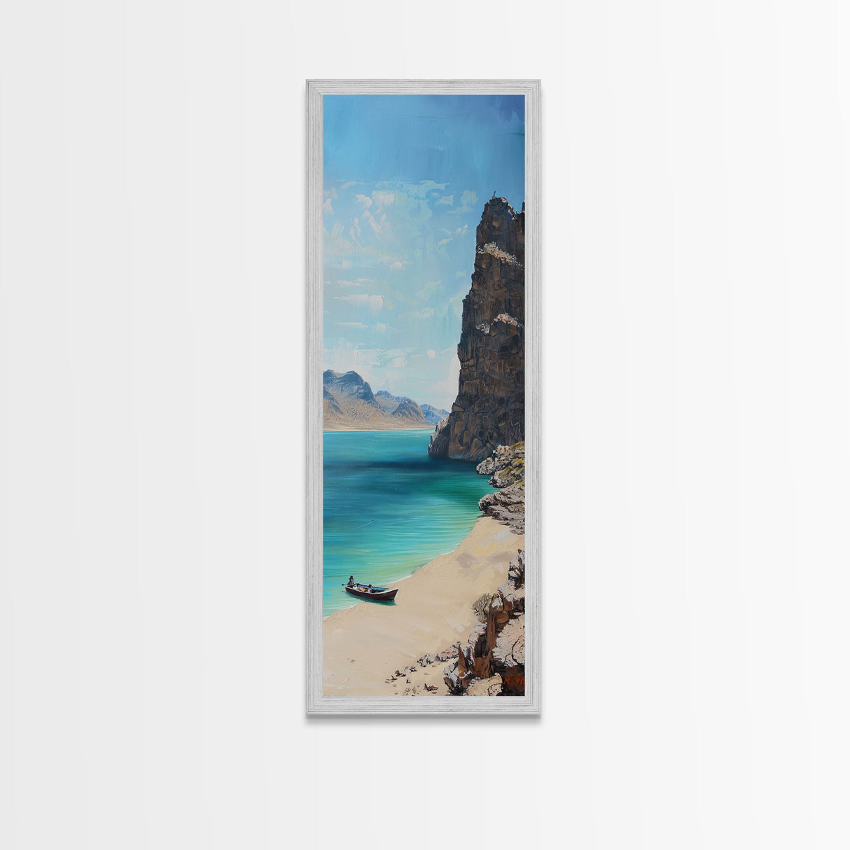 Framed Coastal Landscape Art Printed on Canvas, Contemporary Modern Beach Art, Vertical Tall and Narrow Oversized Art Print for Living Room