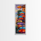 Long Narrow Coastal Wall Print of Colorful Umbrellas on Beach, Framed Canvas Beach Wall Art, Maximalist Wall Art, Wall Art for Living Room