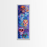 Vertical Calavera Sugar Skull Day of The Dead Canvas Painting Framed, Mexican Framed Art, Colorful Living Room Wall Art, Modern Abstract Art