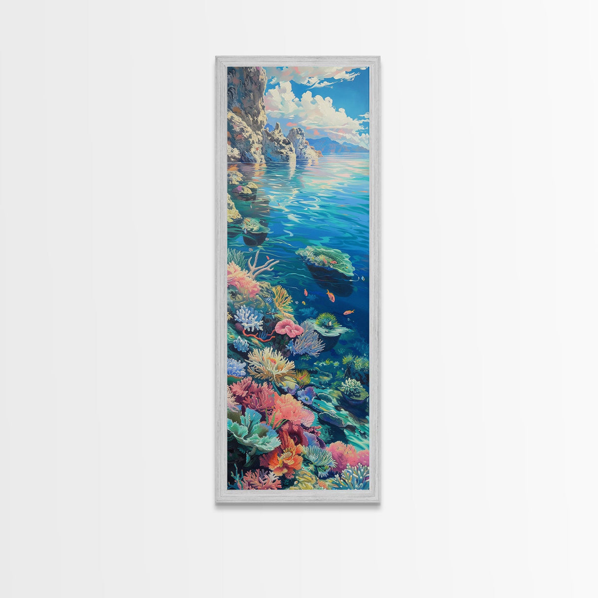 Tall and Narrow Vibrant Coral Reef Coastal Art Framed on Canvas, Ocean Painting, Tropical Coast Wall Art, Modern Art Print for Living Room