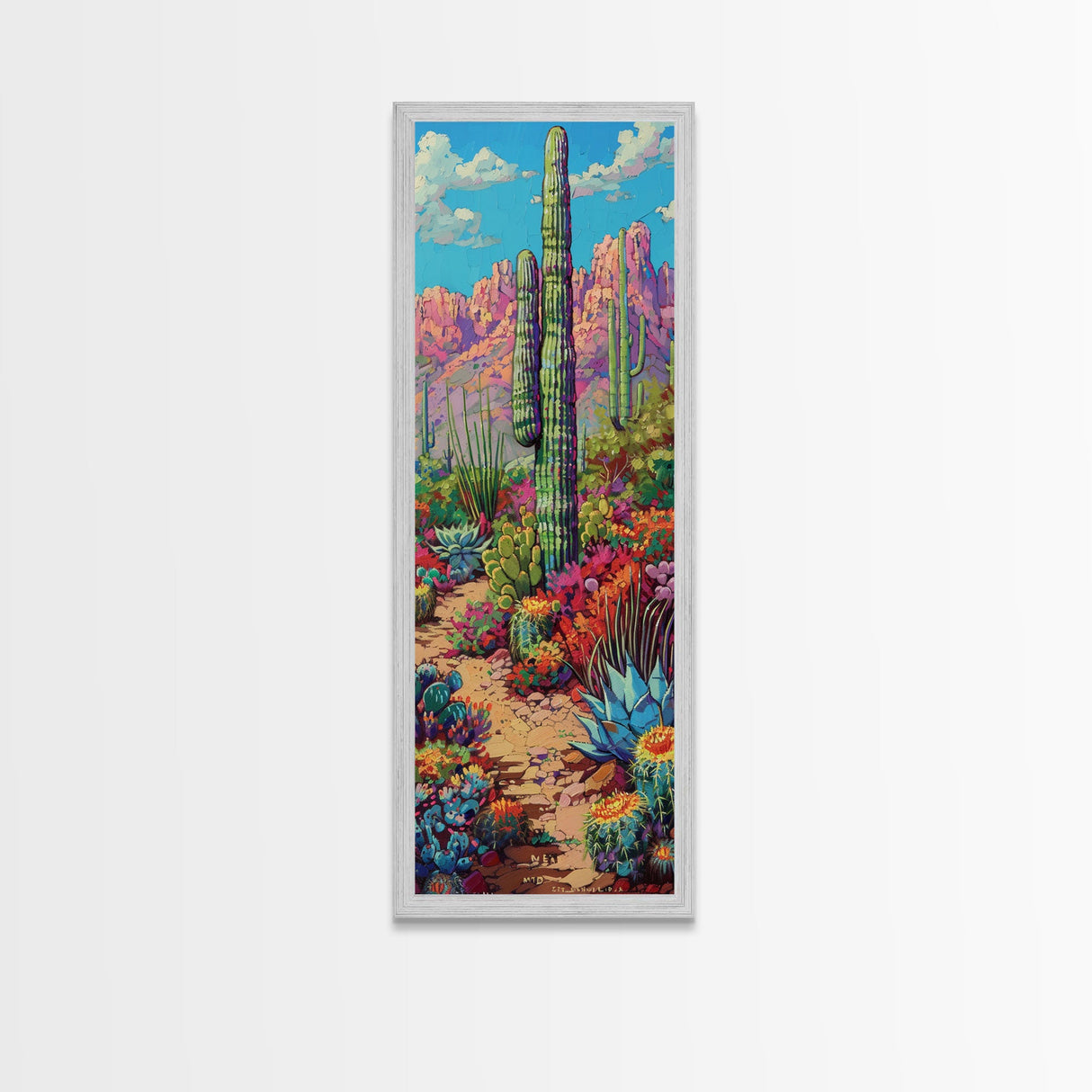 Tall and Narrow Colorful Desert Art Framed Canvas Print, Western Cactus Painting, Desert Landscape Art, Framed Living Room Art