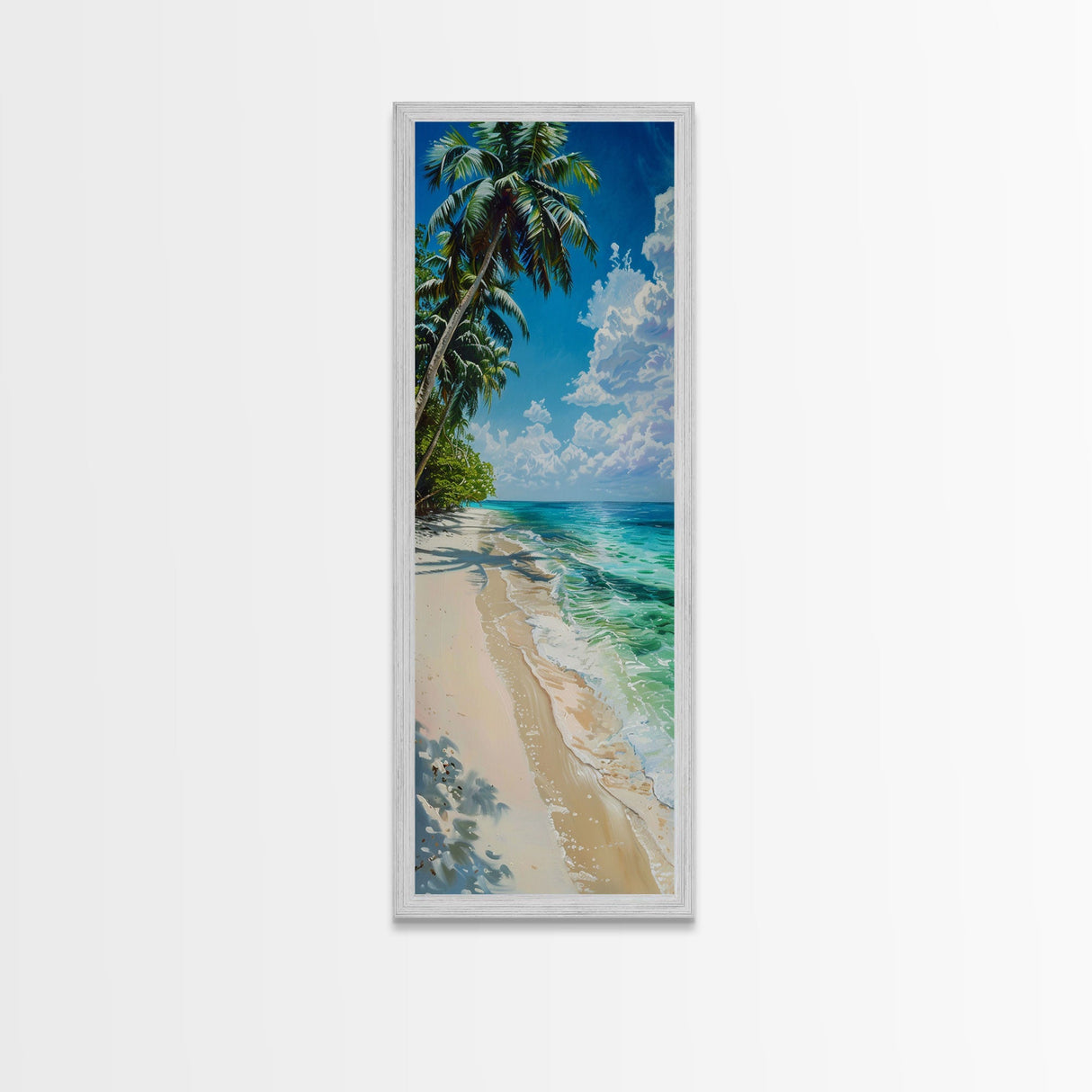 Sunny Coastal Beach Scene With Shaded Palm Trees Skinny Art Framed Canvas Print For Living Room Wall Art