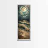 Mystical Moonlit Waves and Reflections Over the Ocean, Skinny and Tall Art, Captivating Landscape Painting, Framed Canvas Print, Wall Decor