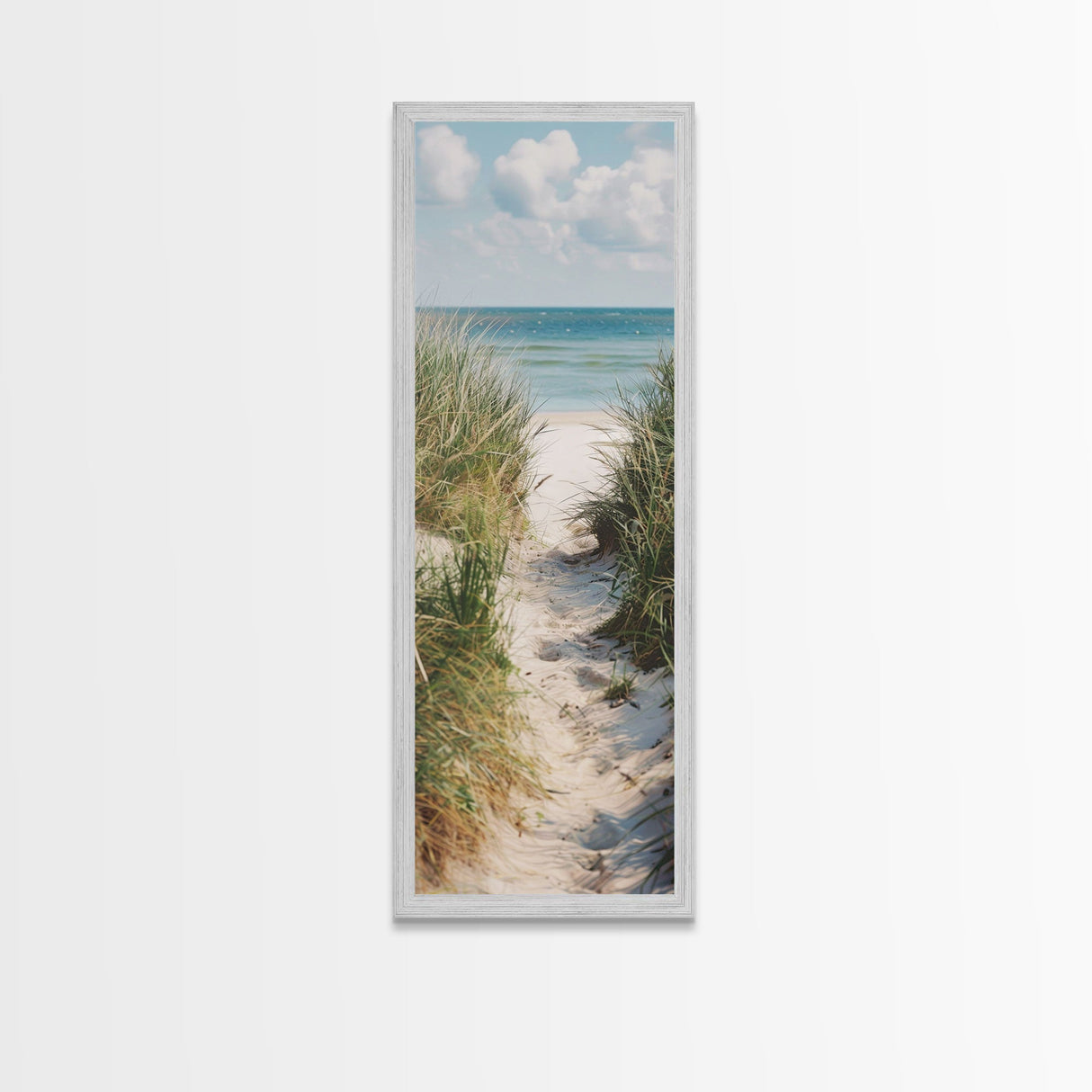 Tranquil Beach Path Art - Framed Canvas Print, Skinny Tall Art, Coastal Landscape Wall Art, Living Room Decor, Bedroom Art, Beach Pathway Painting