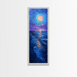 Vibrant Night Sky Over the Ocean with Full Moon, Skinny and Tall Art, Bold and Colorful Framed Canvas Print, Landscape Wall Art