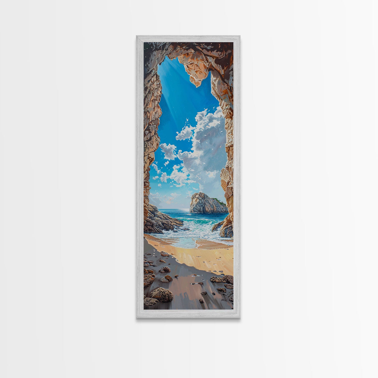 Framed Canvas Print Skinny Art of a Sunlit Beach Scene Framed by Rocky Cliffs, Overlooking a Crystal Blue Sea Under a Clear Sky, Perfect Tall Coastal Art