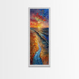 Framed Canvas Print Skinny Art of a Vibrant Sunset Over a Rolling Ocean with Dramatic Colors in the Sky and Water, Ideal Tall Art for Modern Spaces