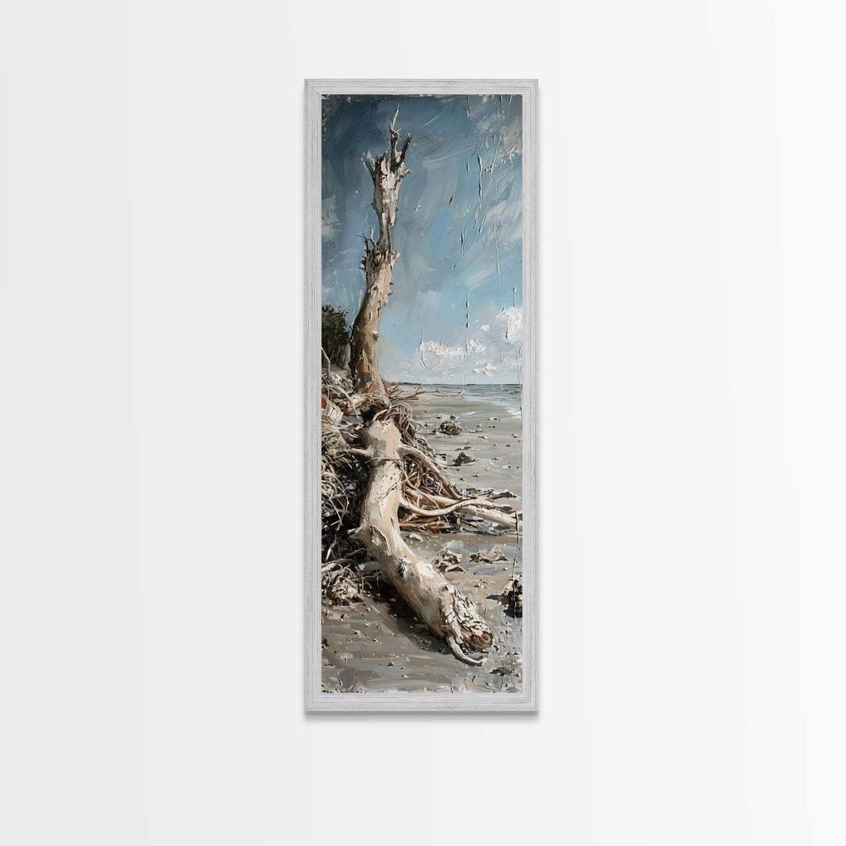 Framed Canvas Print Skinny Art of a Weathered Driftwood Tree Trunk on a Sandy Shore with a Calm Ocean Backdrop, Ideal Tall Art for Coastal Decor