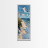 Framed Canvas Print Skinny Art of a Peaceful Beach Scene with Sea Oats Blowing in the Wind and Gentle Waves in the Background, Perfect Tall Art for Homes