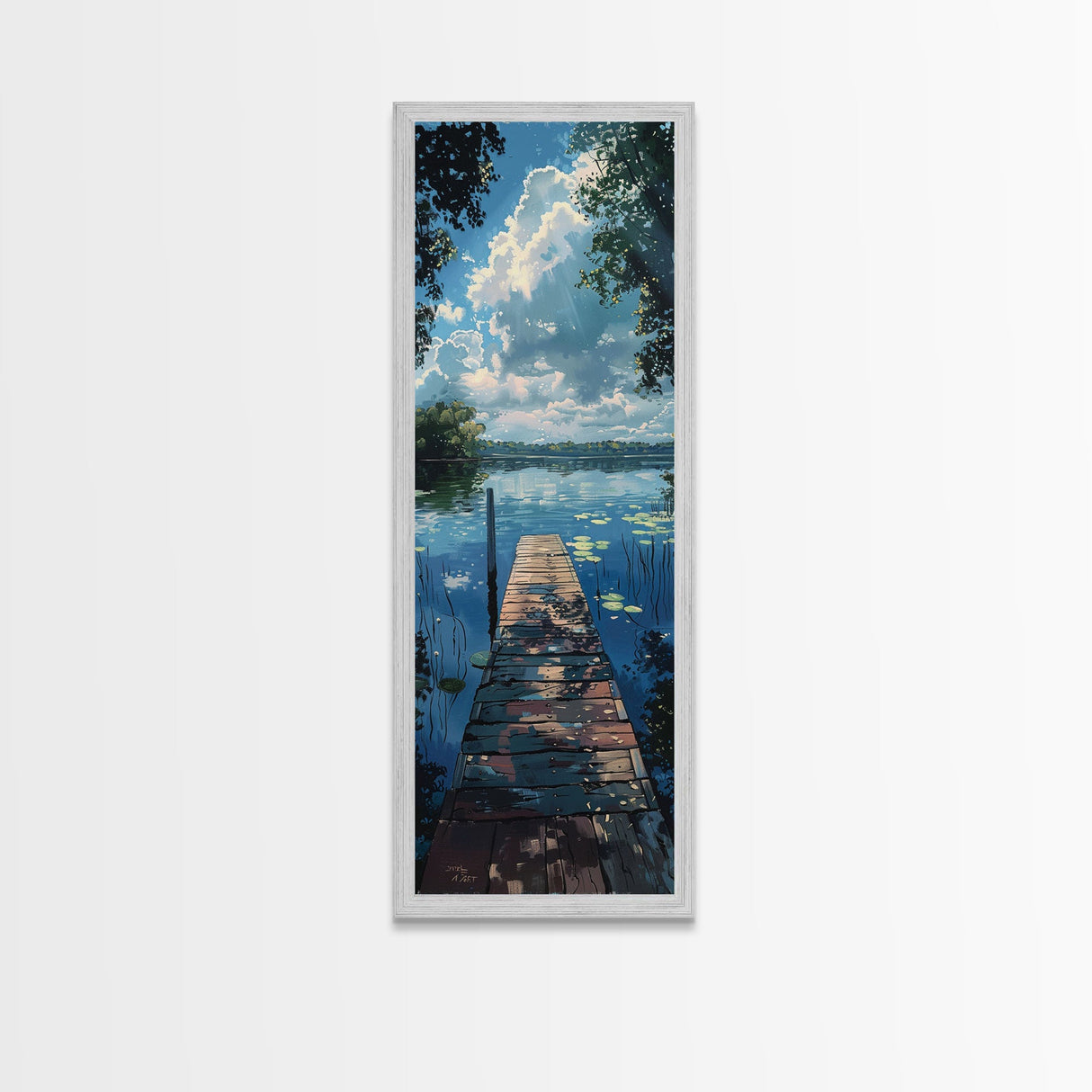 Lake Life, Framed Canvas Print, Summer At The Lake, Dock and Lilly Pads, Skinny Tall Panoramic Landscape Painting, Living Room Art