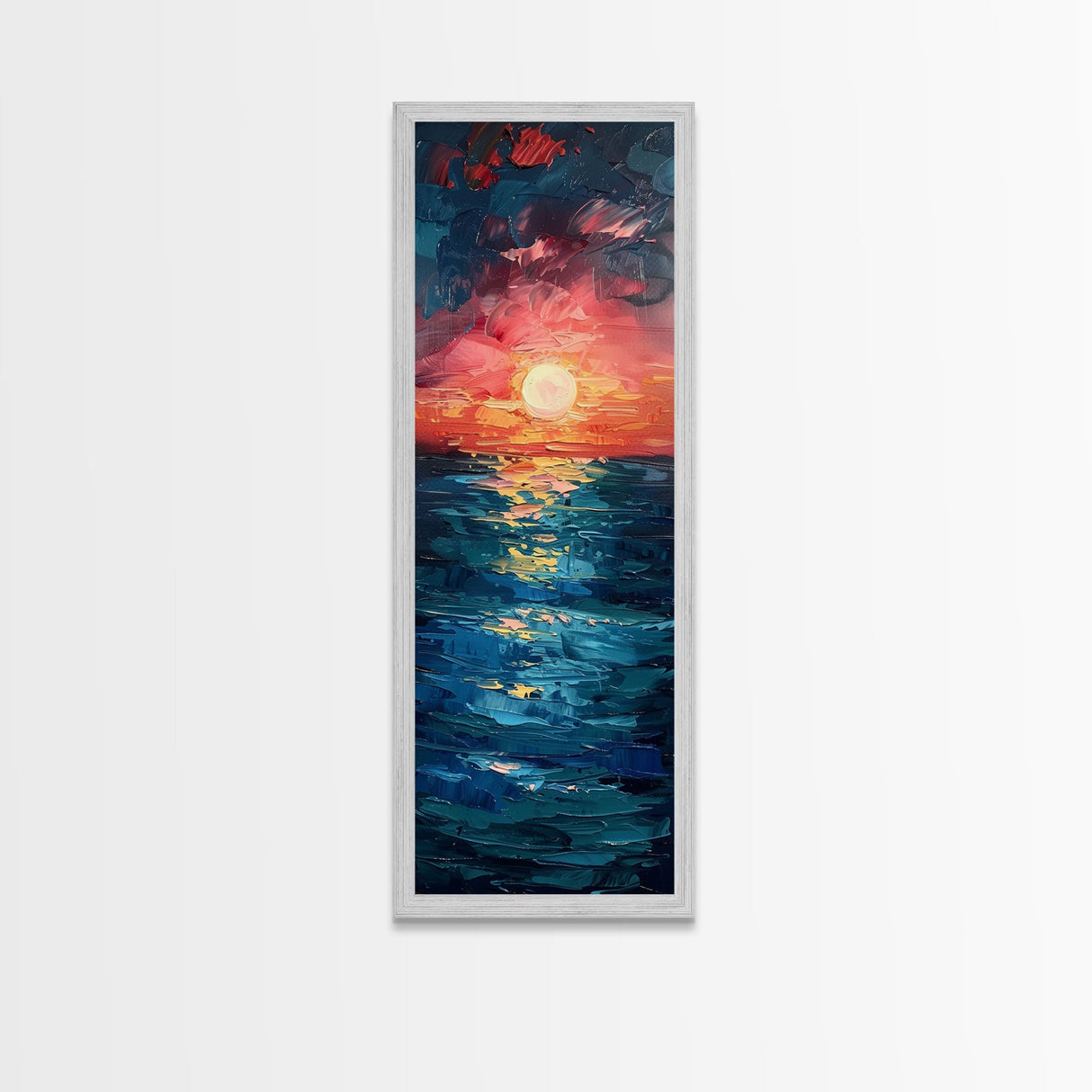 Serene Coastal Sunset Warm Ocean Minimalist Wall Art Framed Canvas Print Tall Art Japanese Style Art