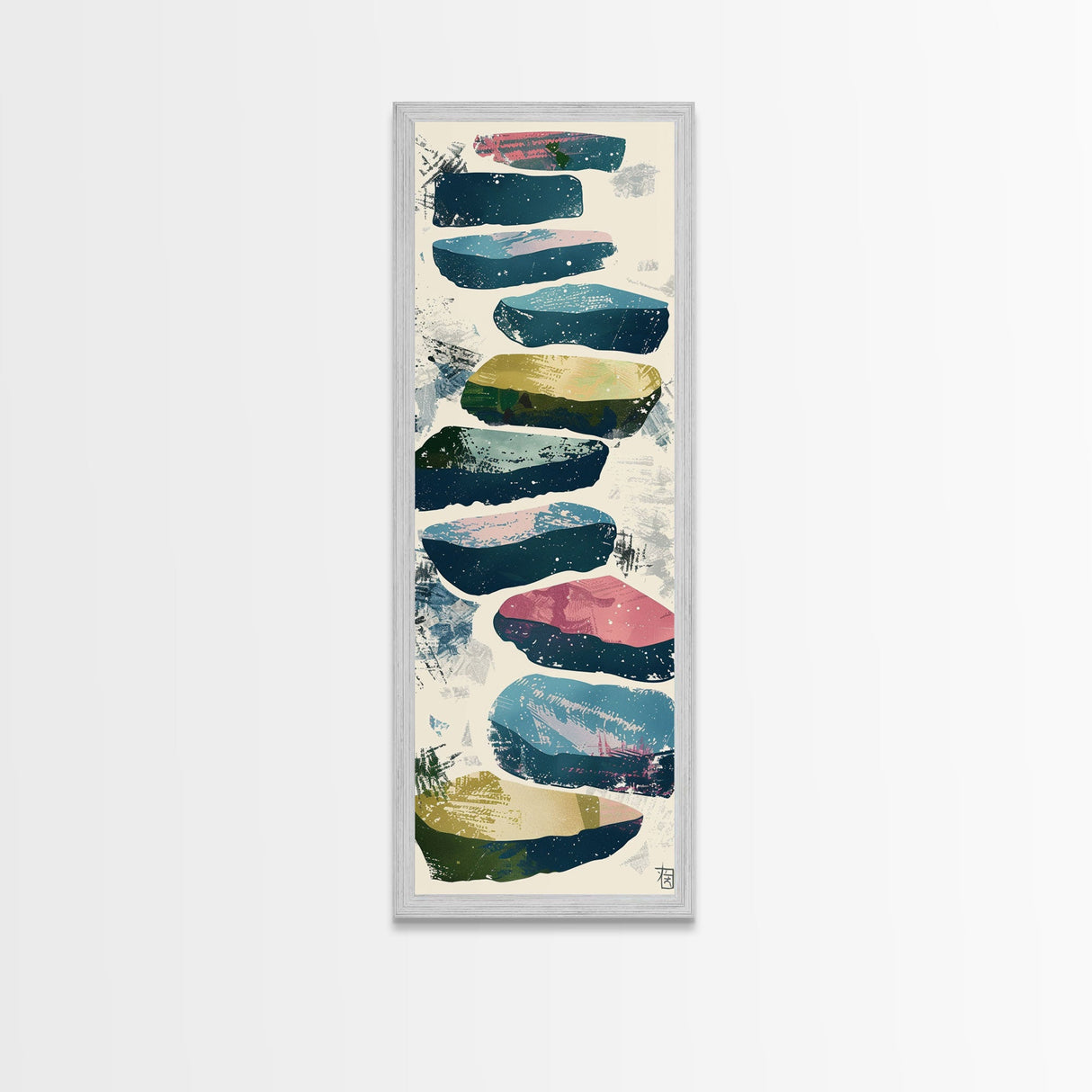 Skinny Art Tall Art Framed Canvas Print Abstract Stepping Stones In Varied Colors Over A Neutral Background Ukiyo-e Japanese Style Art