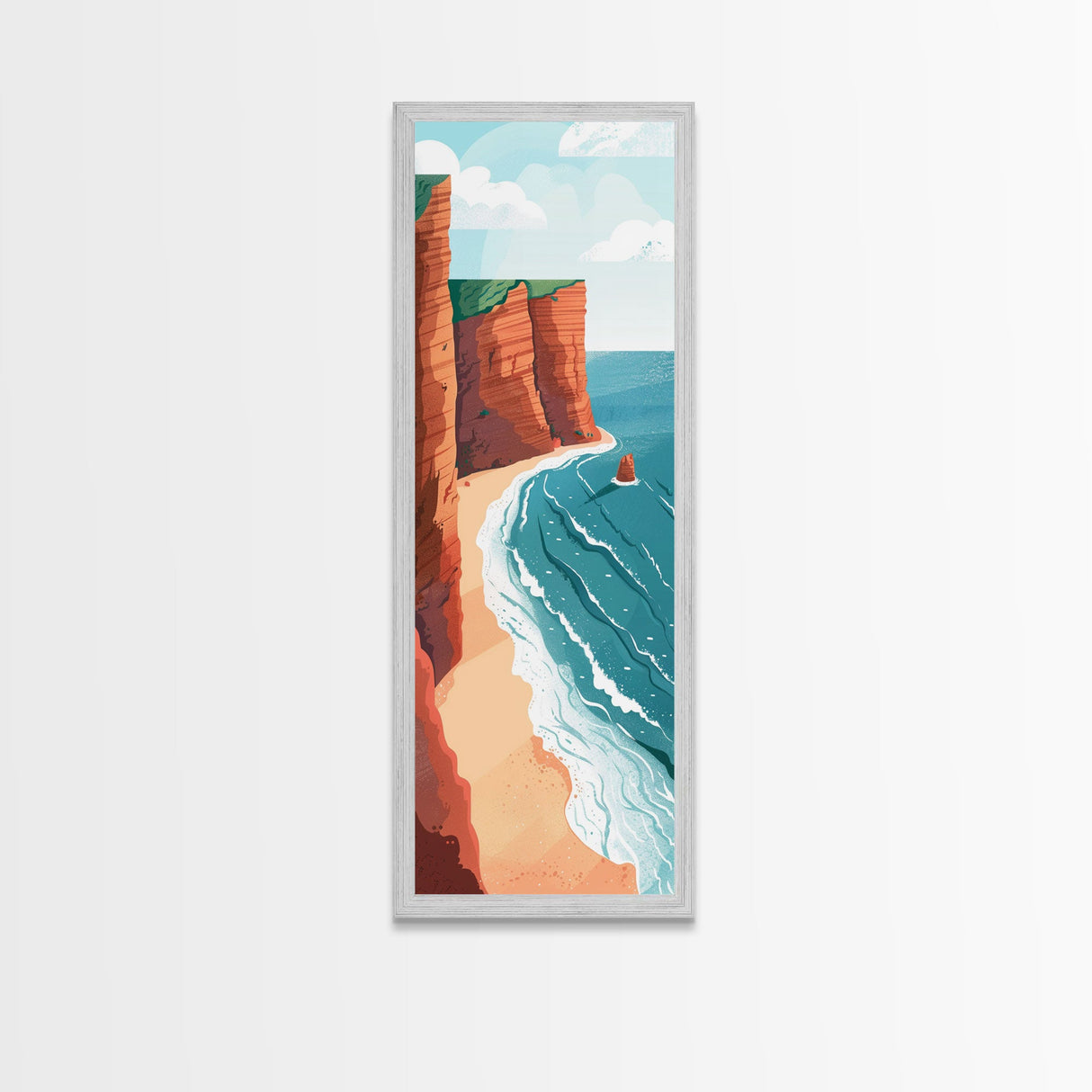 Scenic Coastal Cliffs With Ocean Waves Ukiyo-e Art Japanese Style Framed Canvas Print Tall Art Skinny Art Wood Block Print