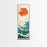 Red Sun and Ocean Waves Skinny Wall Art Framed Canvas Print in Cream and Teal Tones with Red Splashes Japanese Art