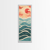 Ocean Waves and Red Sun Japanese Art Skinny Wall Art Framed Canvas Print in Minimalist Style with Dynamic Flowing Waves