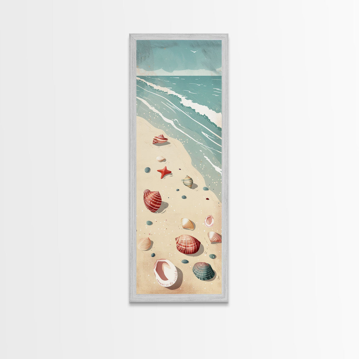 Japanese Style Art Featuring A Serene Beach Scene With Seashells And Gentle Waves, Skinny Art, Tall Art, Ukiyo-e Art, Framed Canvas Print, Wood Block Print