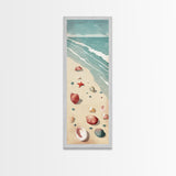 Japanese Style Art Featuring A Serene Beach Scene With Seashells And Gentle Waves, Skinny Art, Tall Art, Ukiyo-e Art, Framed Canvas Print, Wood Block Print