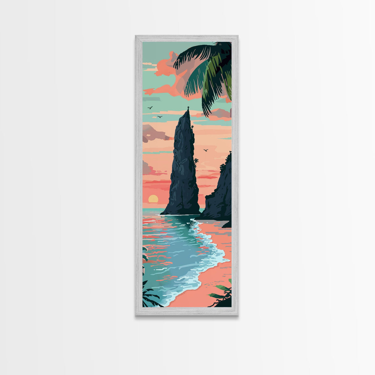 Towering Coastal Rock Formation During Sunset With Palm Trees For Serene Beach Wall Art Japanese Style Framed Canvas Print