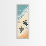 Sea Turtles On Japanese Beach Canvas Print, Ukiyo-e Woodblock Style, Framed Canvas Print, Tall Skinny Japanese Wall Art, Ready To Hang