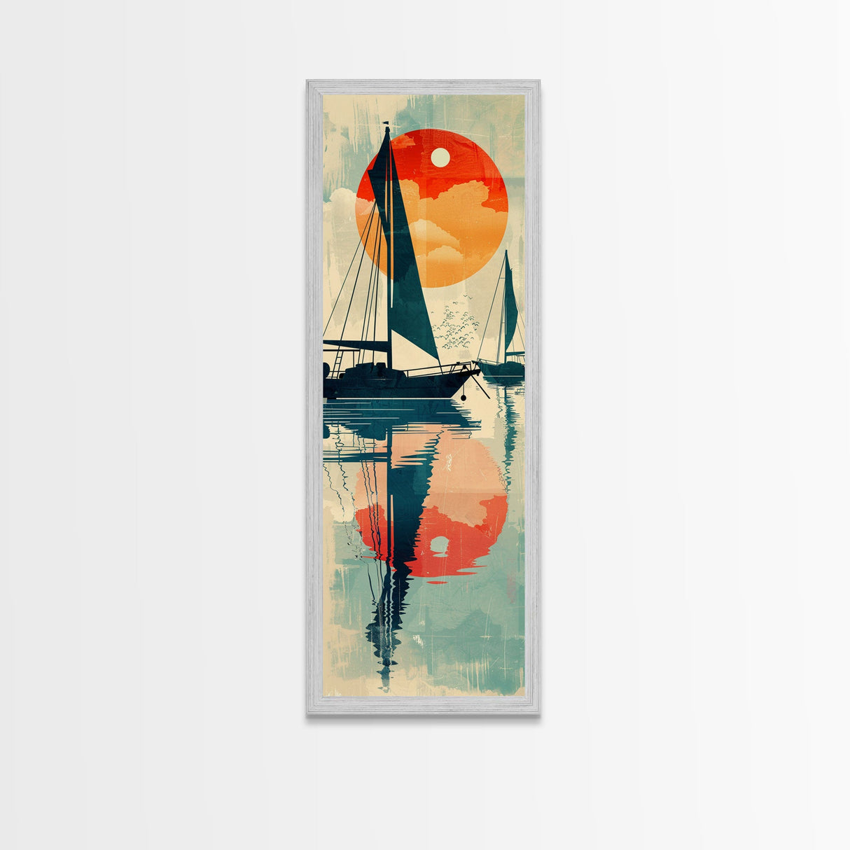 Serene Sunset Sailing Skinny Art Tall Art Japanese Ukiyo-e Inspired Ocean Framed Canvas Print for Home and Office Decor