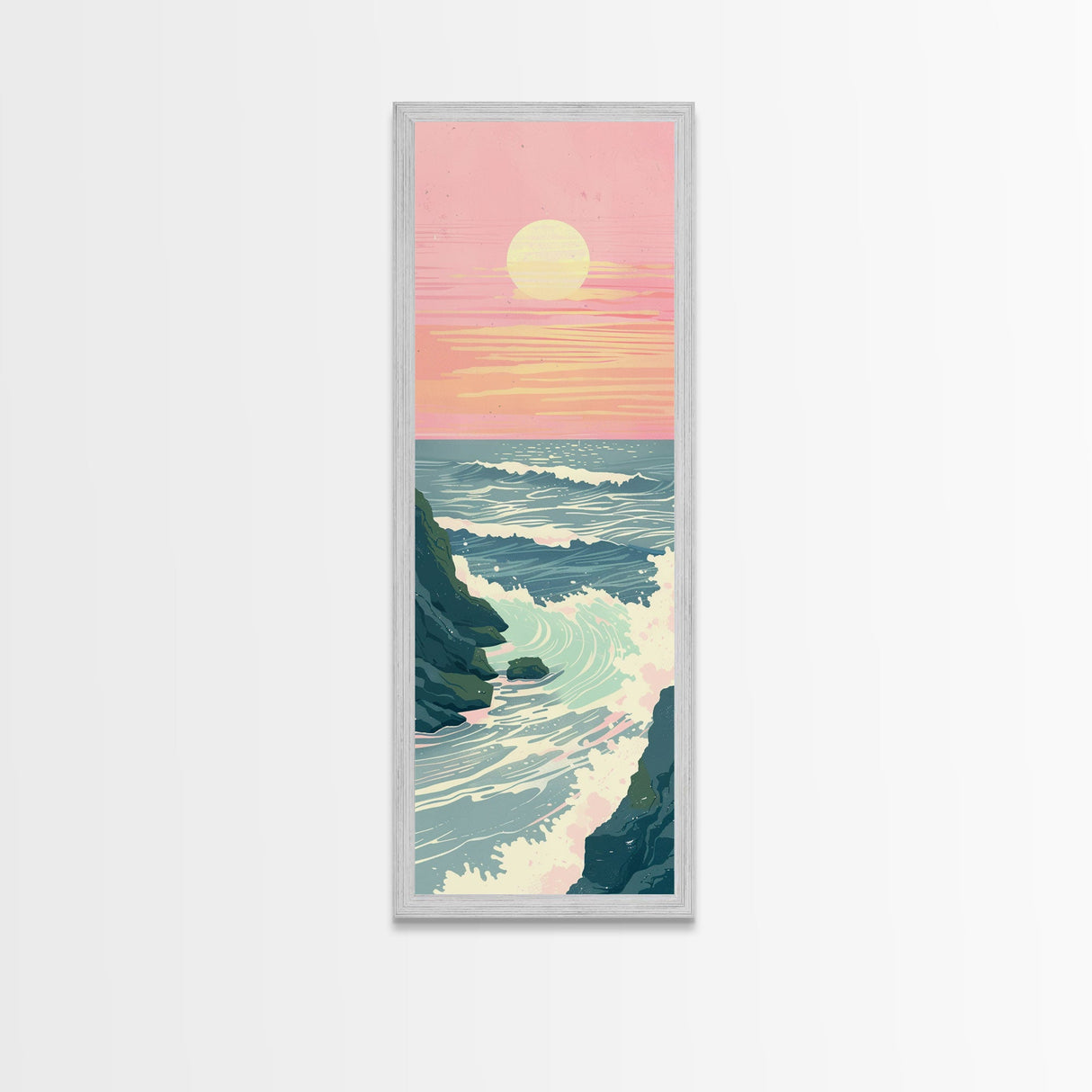 Tranquil Ocean Sunset with Soft Waves Crashing against Rocky Shoreline - Skinny Art, Japanese Wall Decor, Framed Canvas Print, Ukiyo-e Style