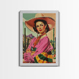 Western Portrait of a Latina Cowgirl with Cactus Background - Framed Canvas Print, Southwest Living Room Art Rustic Bedroom Decor, Retro Art