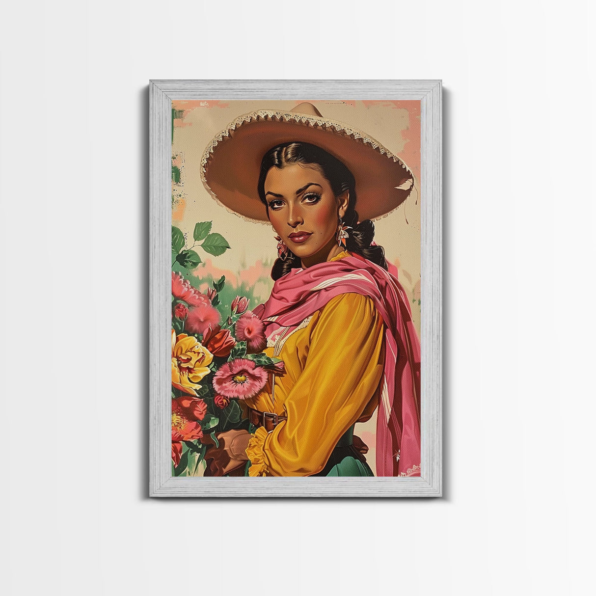 Western Woman Holding Flowers - Framed Canvas Print, Traditional Living Room Art, Colorful Bedroom Decor, Folk Art, Wall Art