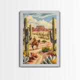 Cowboy Riding in Desert Landscape with Cacti - Framed Canvas Print, Western Art, Southwestern Decor, Desert Scene Wall Art for Home