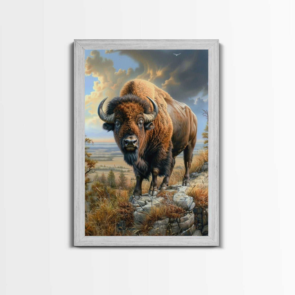 Powerful Bison in Prairie Landscape - Framed Canvas Print, Western Wildlife Wall Art, Bison Decor for Living Room and Bedroom