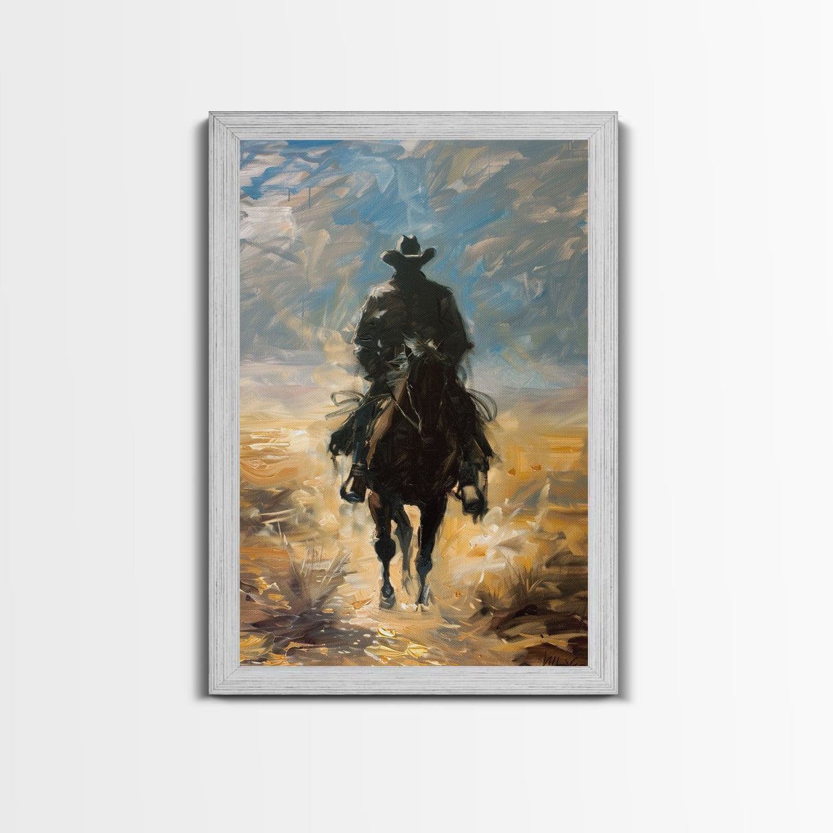 Lone Cowboy Riding into Sunset - Framed Canvas Print, Western Art, Living Room Decor, Cowboy Art for Bedroom, Rustic Wall Art