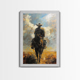 Silhouette of Cowboy on Horseback at Dusk - Framed Canvas Print, Western Art, Rustic Decor, Living Room Wall Art, Cowboy Themed Art